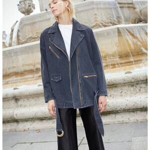 Nanushka Charcoal Black Cite Oversized Denim Belted Moto Biker Jacket